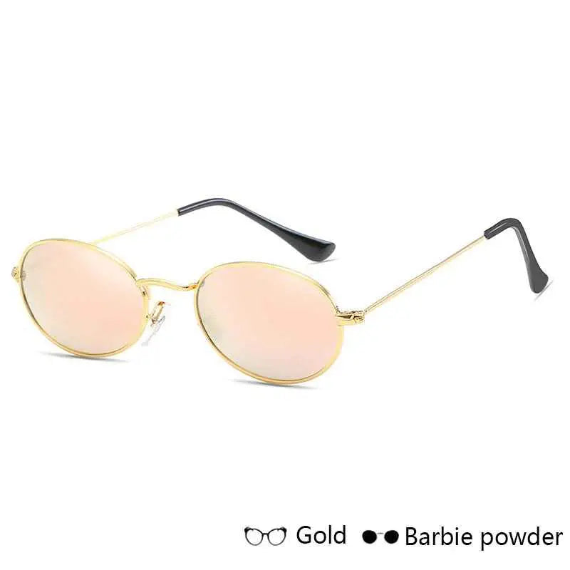 Oval metal frame vintage sunglasses with gold-rimmed round shape and reflective barbie powder lenses from trend den Pink