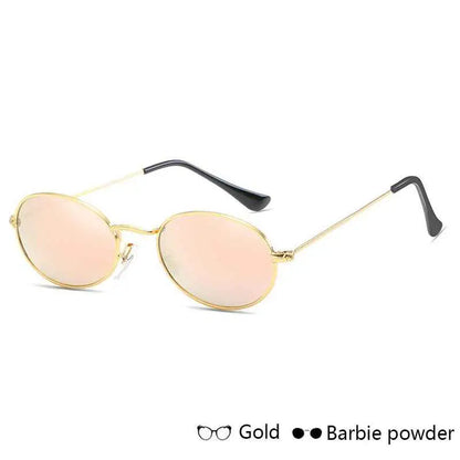 Oval metal frame vintage sunglasses with gold-rimmed round shape and reflective barbie powder lenses from trend den Pink