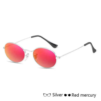 Oval metal frame vintage sunglasses with silver frames and vibrant red mercury mirrored lenses from trend den Red