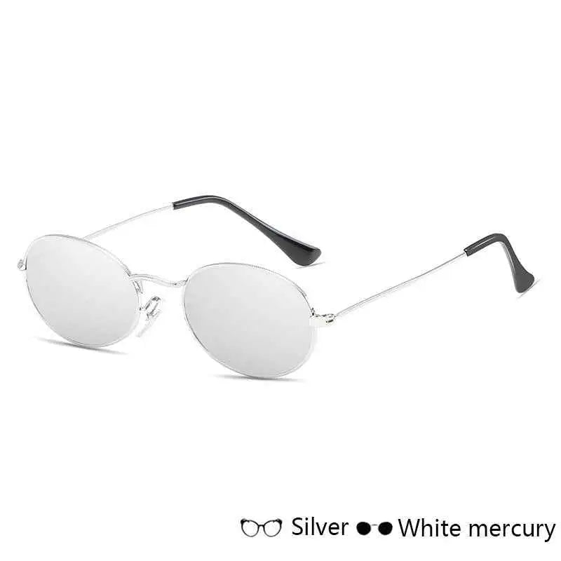 Oval metal frame vintage sunglasses with silver round frames and reflective white mercury lenses from trend den Silver