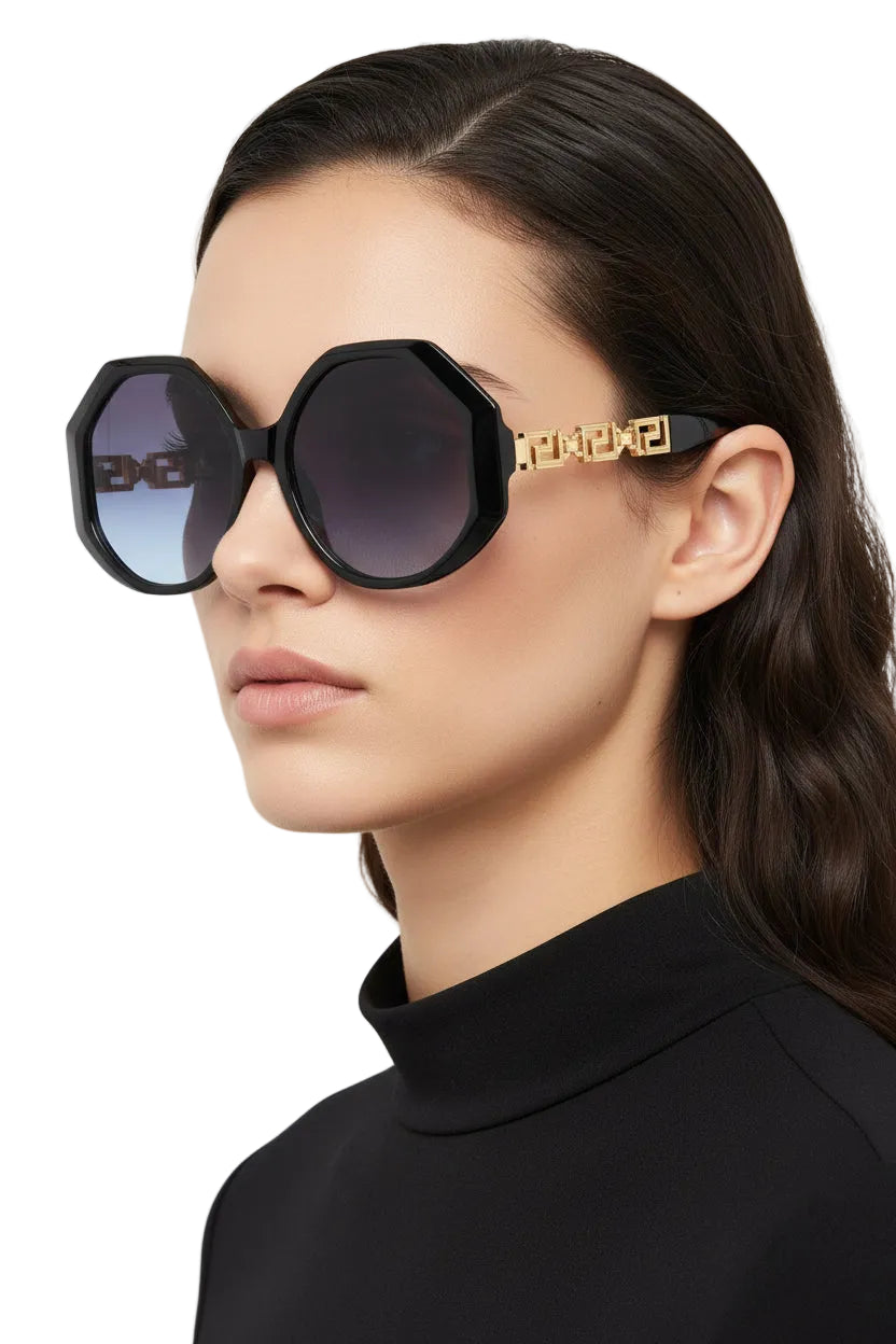 Oversized polygonal designer sunglasses with black octagonal frames, gold-tone Greek key arms, and gradient blue-to-purple lenses In Stock