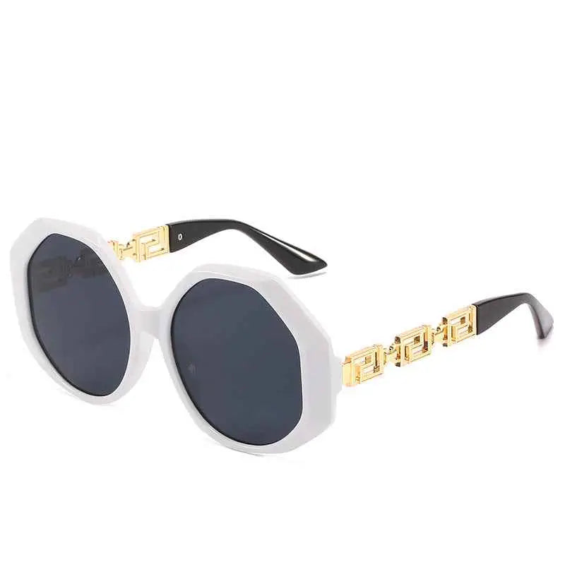 Oversized polygonal designer sunglasses with white and gold geometric pattern and dark lenses for trend den looks In Stock