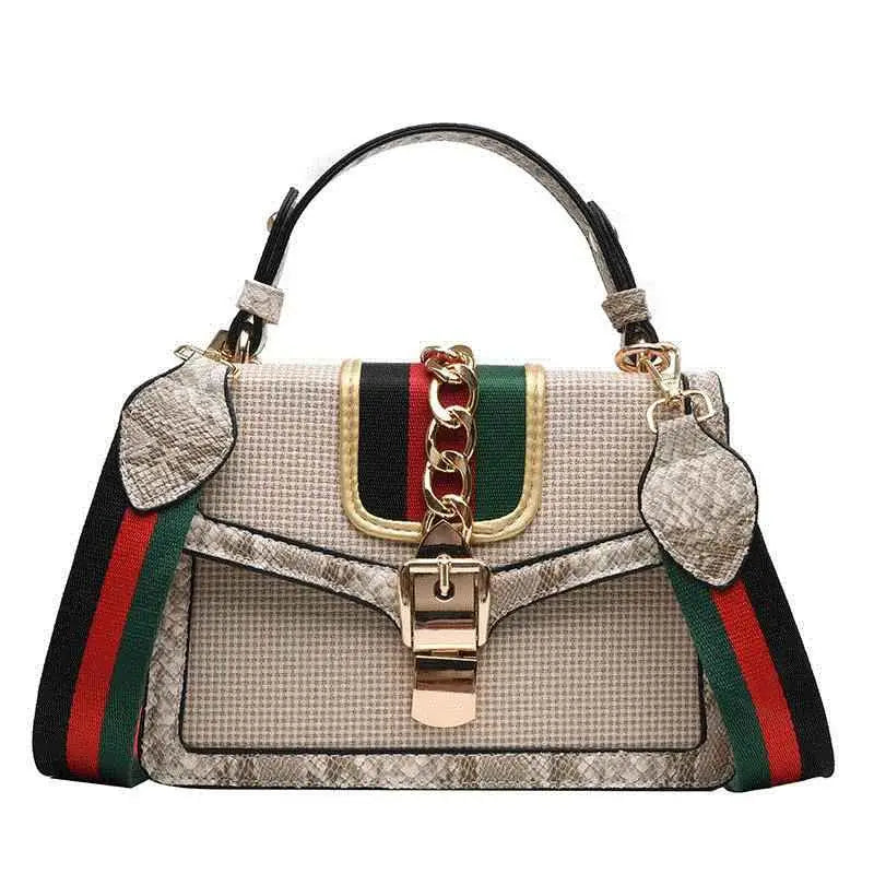A gucci gg marmont plaid satchel with beige gray checkered canvas snake trim black red green webbing strap and gold hardware Khaki