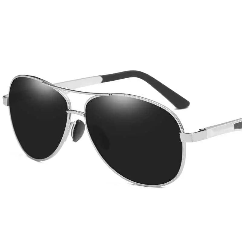 Silver metal frame polarized UV400 driving sunglasses with black mirrored lenses and black temple tips from trend den 3style