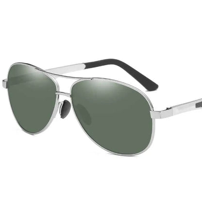 Silver metal frame polarized uv400 driving sunglasses with green mirrored lenses and black temple tips from trend den 6style