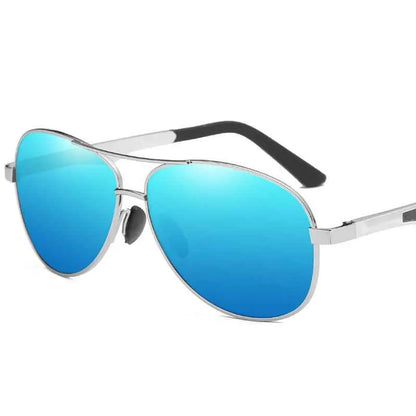 Silver-framed driving sunglasses with polarized uv400 gradient blue mirrored lenses and black temple tips from trend den 9style