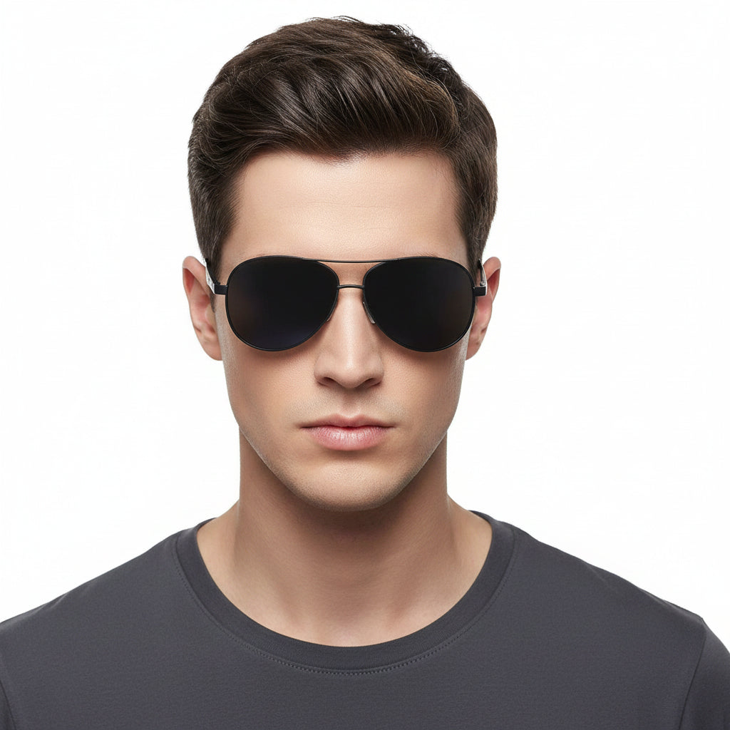 Black aviator driving sunglasses with polarized uv400 dark mirrored lenses and sleek metal frame from trend den