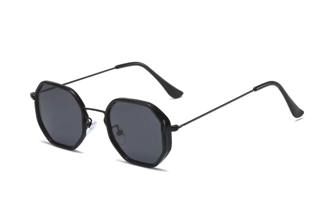 Black octagonal polygon geometric metal sunglasses with dark gray lenses and thin metal arms by trend den Black Frame Black Gray