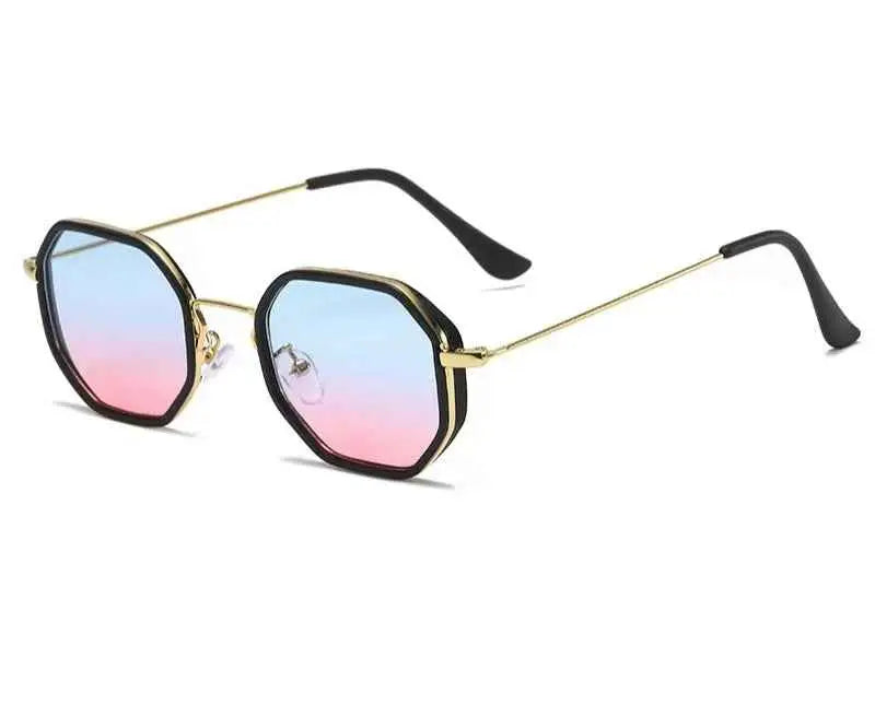 Octagonal polygon geometric metal sunglasses with gold-tone frame and gradient blue to pink lenses by trend den Gold Frame Upper Basket Powder