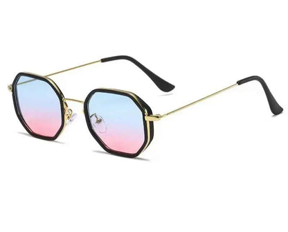 Octagonal polygon geometric metal sunglasses with gold-tone frame and gradient blue to pink lenses by trend den Gold Frame Upper Basket Powder