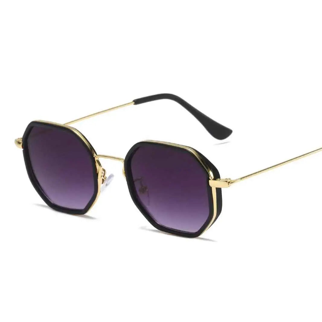 Gold-rimmed polygon geometric metal sunglasses with dark purple gradient lenses and black temple tips from trend den