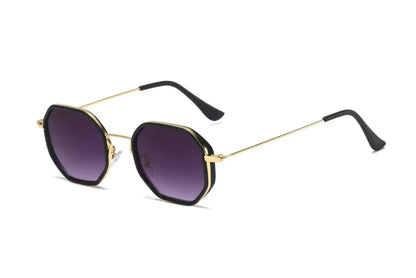 Polygon geometric metal sunglasses with gold frames dark purple gradient lenses and black temple tips from trend den Gradient Purple Color