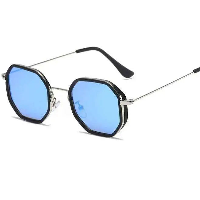 Octagonal blue mirrored polygon geometric metal sunglasses with sleek silver frame and black temple tips by trend den