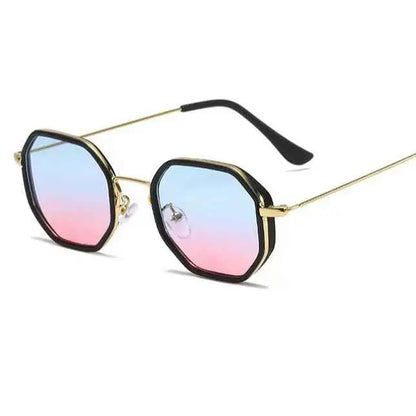 Polygon geometric metal sunglasses with gold-tone octagonal frame and blue to pink gradient lenses from trend den