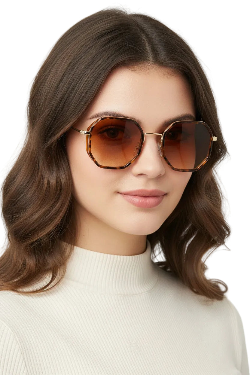 Octagonal tortoiseshell polygon geometric metal sunglasses with gold-tone arms and gradient brown lenses by trend den