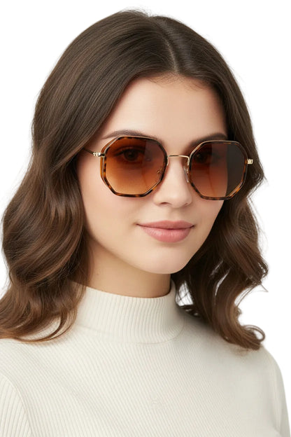 Octagonal tortoiseshell polygon geometric metal sunglasses with gold-tone arms and gradient brown lenses by trend den