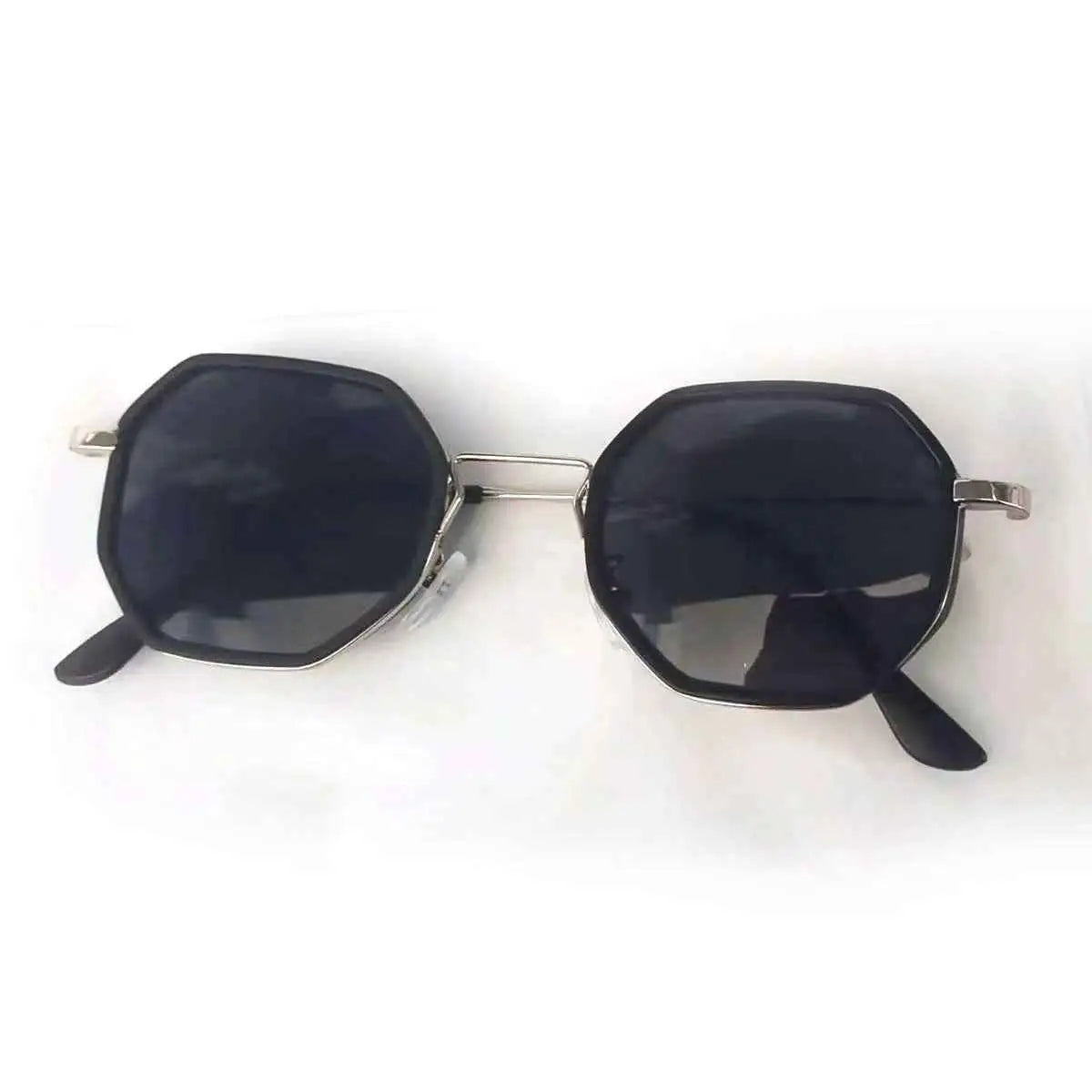 Black octagonal polygon geometric metal sunglasses with sleek silver frame and dark tinted lenses from trend den Silver Frame Gray Piece