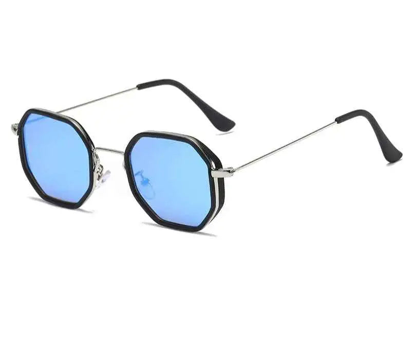 Black-framed polygon geometric metal sunglasses with blue mirrored lenses and silver metal temples from trend den Silver Frame Ice Blue Sheet