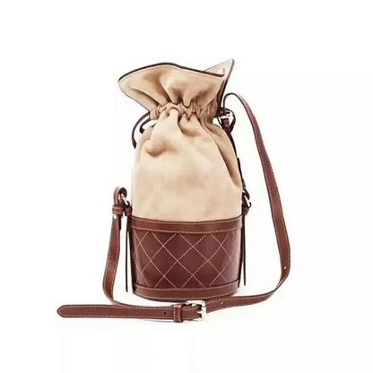Beige and brown leather bucket bag with quilted base and drawstring top from trend den Coffee