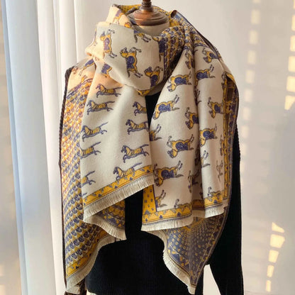 Cream-colored retro carriage jacquard tassel scarf with yellow and purple running dog pattern and fringed edges Fluorescent Yellow