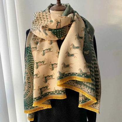 Beige and green retro carriage jacquard scarf with horse motifs geometric borders and yellow fringe from trend den Green