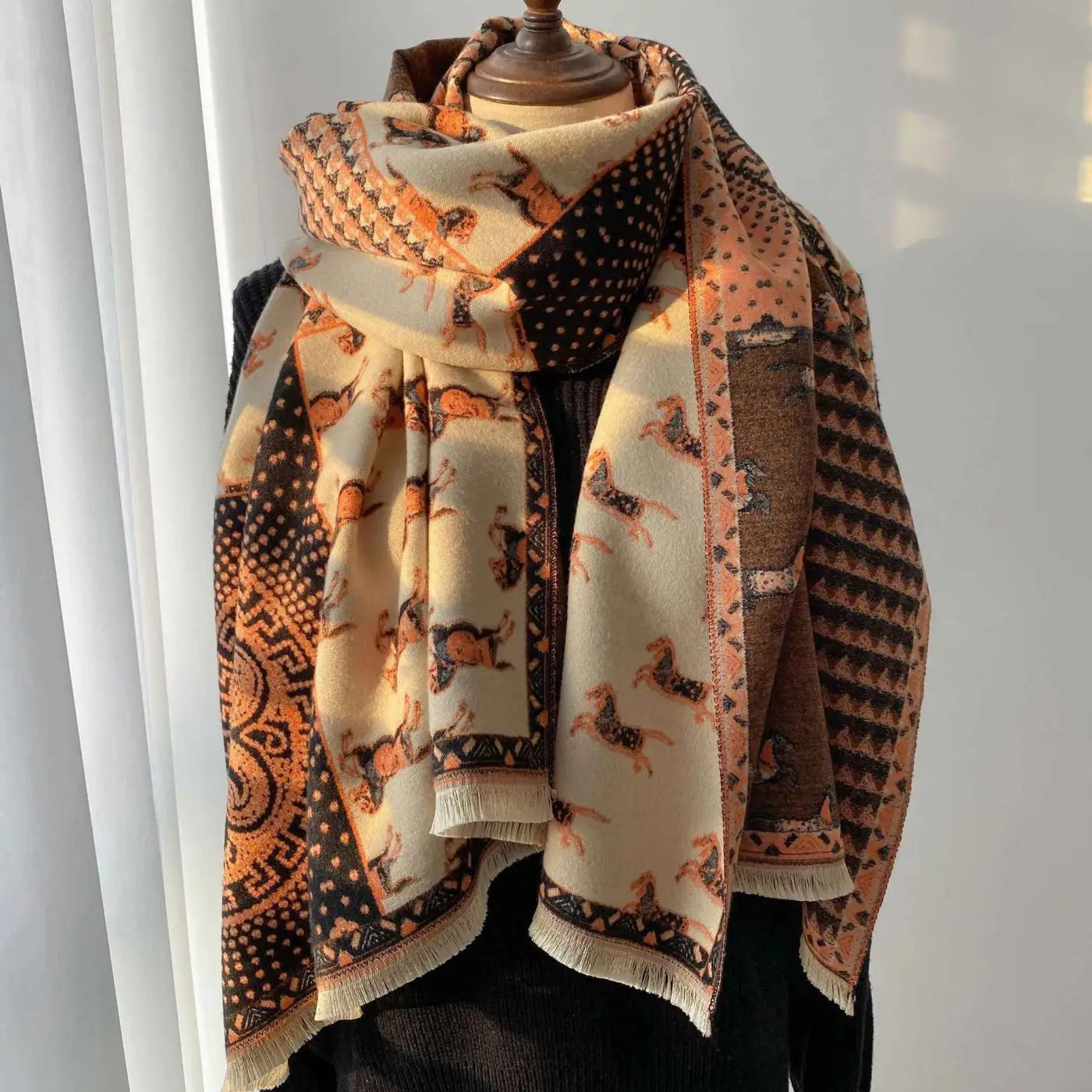 Retro carriage jacquard cream scarf with brown and orange horse pattern and black tan geometric border tassel design Orange
