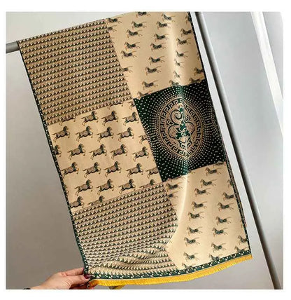 Beige and green patchwork silk scarf with retro carriage jacquard horse motifs geometric patterns and central medallion design