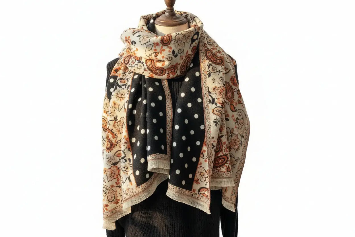 Retro carriage jacquard tassel scarf with cream and brown paisley and black with white polka dot cozy design