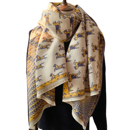 Cream-colored retro carriage jacquard tassel scarf with yellow and blue running dogs pattern and fringed edges