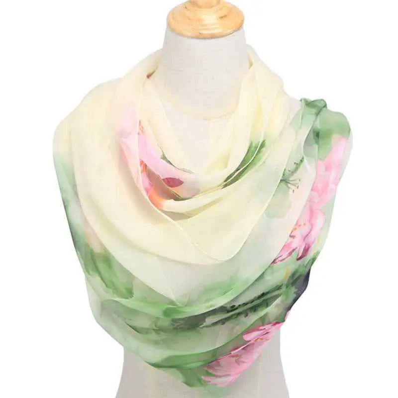 Retro ethnic floral georgette sunscreen scarf with cream to green gradient and pink floral patterns draped around neck Light yellow