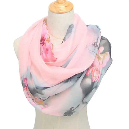 A soft pink and gray retro ethnic floral georgette infinity scarf with delicate blossoms for sunscreen protection Pink