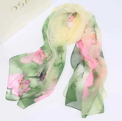 Retro ethnic floral georgette sunscreen scarf with delicate semi-transparent green and pink watercolor blossoms