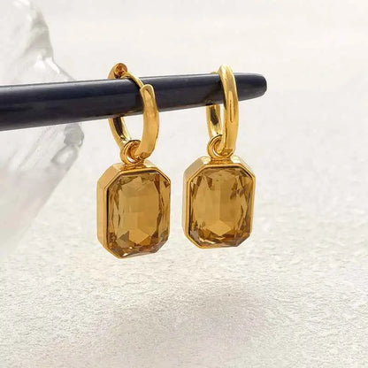 Gold-toned hoop retro gemstone titanium earrings featuring faceted rectangular amber-colored gemstones G392 Champagne Gold
