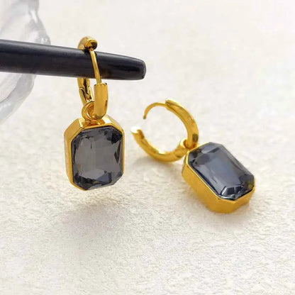 Gold hoop earrings with rectangular faceted dark gray gemstones in a retro gemstone titanium gold design G394 Gray Diamond Gold
