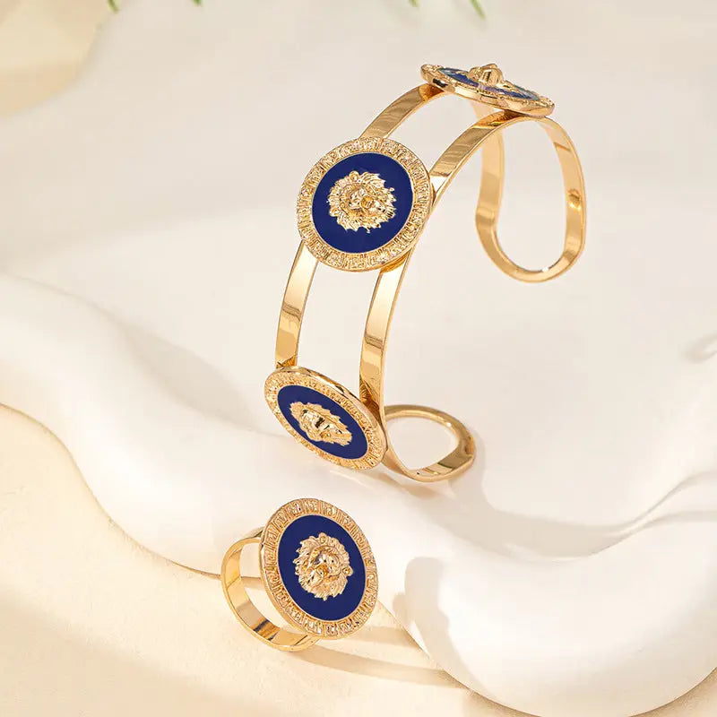 Retro Lion’s Head Jewellery Suite - Blue - lion’s head, ring set, trend den, south africa, retro head Blue
