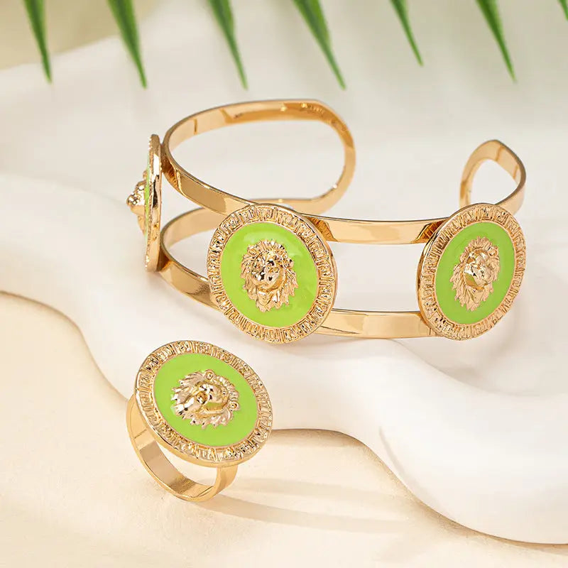 Retro Lion’s Head Jewellery Suite - Green - lion’s head, ring set, trend den, south africa, retro head Green