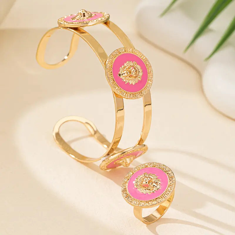 Retro Lion’s Head Jewellery Suite - Pink - lion’s head, ring set, trend den, south africa, retro head Pink
