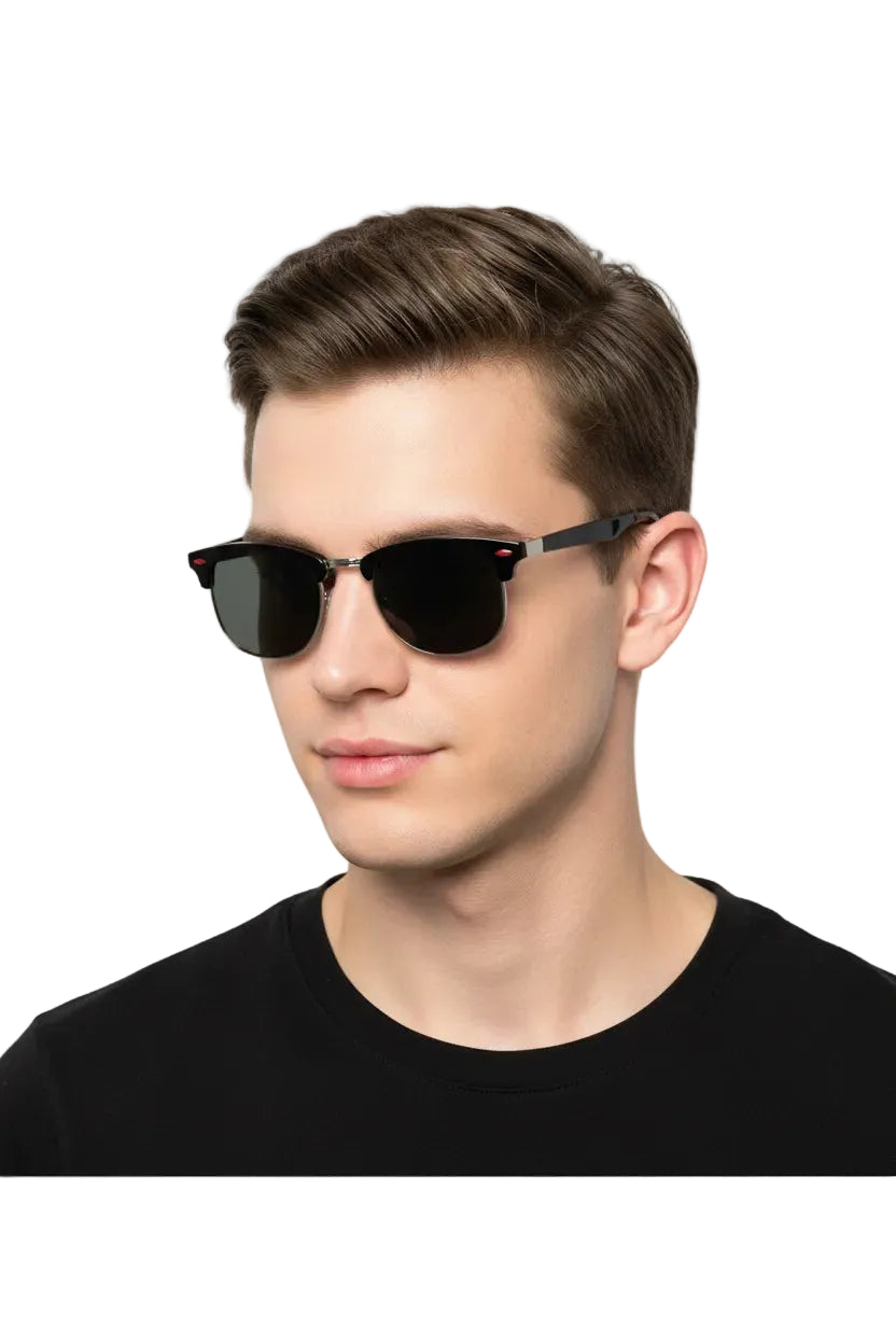 Retro polarized clubmaster sunglasses in black and silver with red accent temples from trend den Black Red