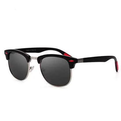 Retro Polarized Clubmaster Sunglasses by Trend Den featuring a black frame with silver accents and dark lenses.