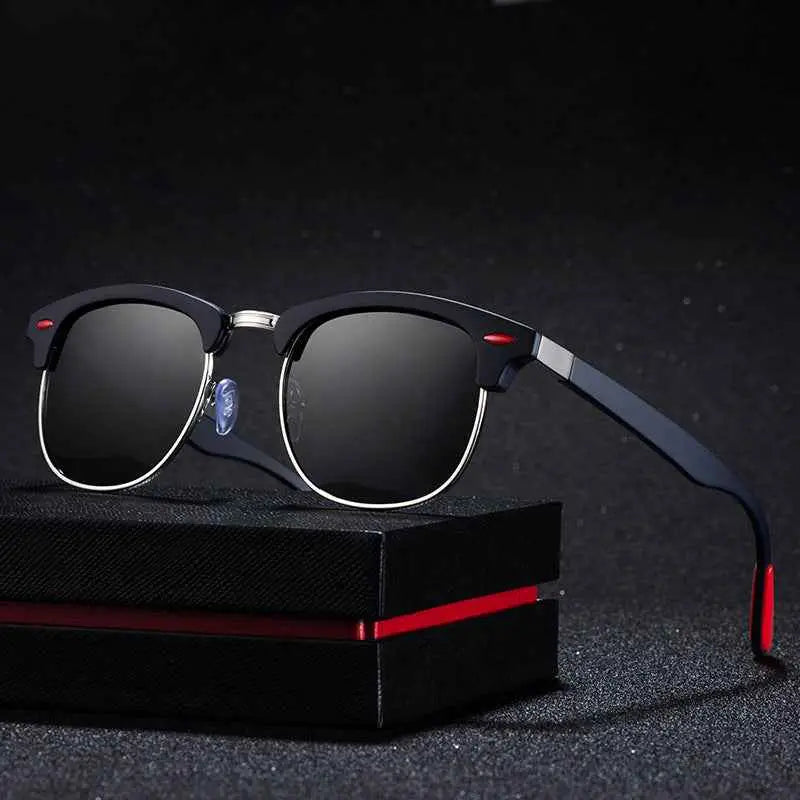 Retro polarized clubmaster sunglasses with black and red frames and silver metal detailing from trend den