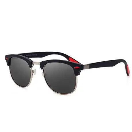 Retro polarized clubmaster sunglasses with black and red frames and silver metal accents from trend den Dark Blue
