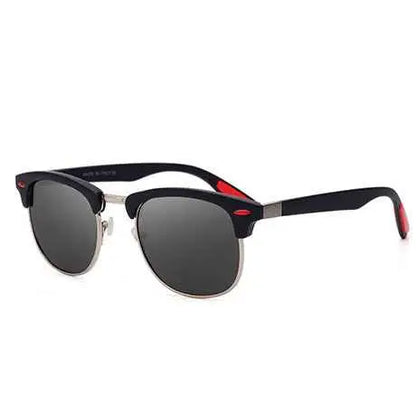 Retro polarized clubmaster sunglasses with black and red frames and silver metal accents from trend den Dark Blue