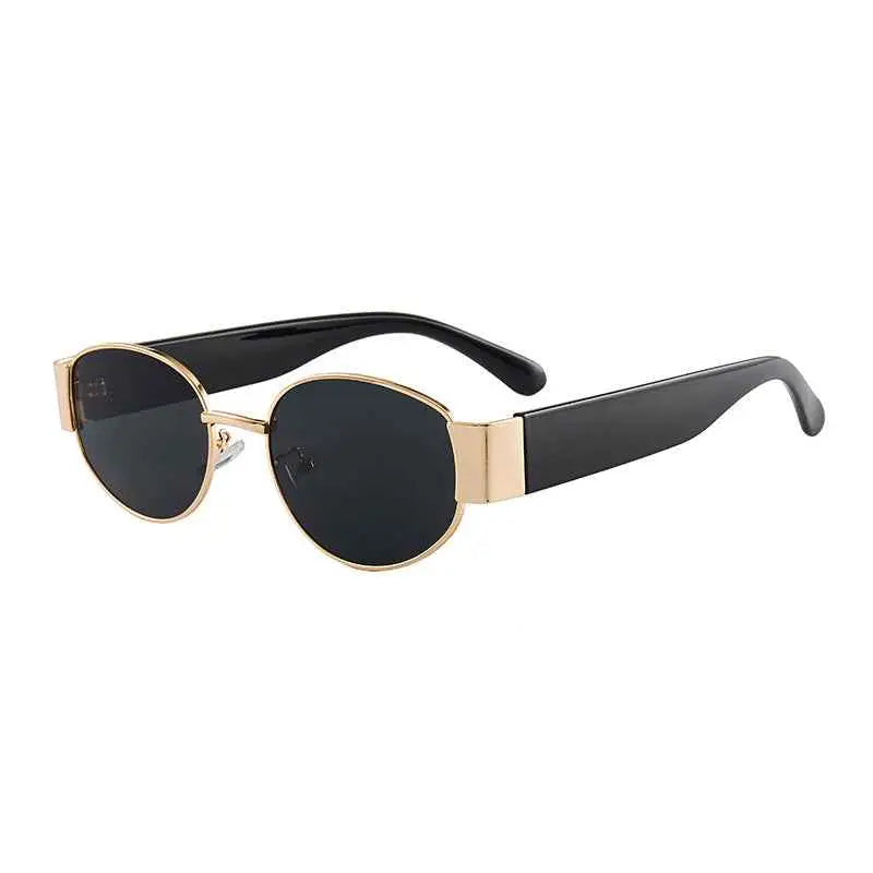 Black and gold oval retro round designer sunglasses with dark lenses from trend den for stylish sun protection Black