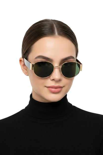 Black and gold-framed retro round designer sunglasses with dark green lenses from trend den Black