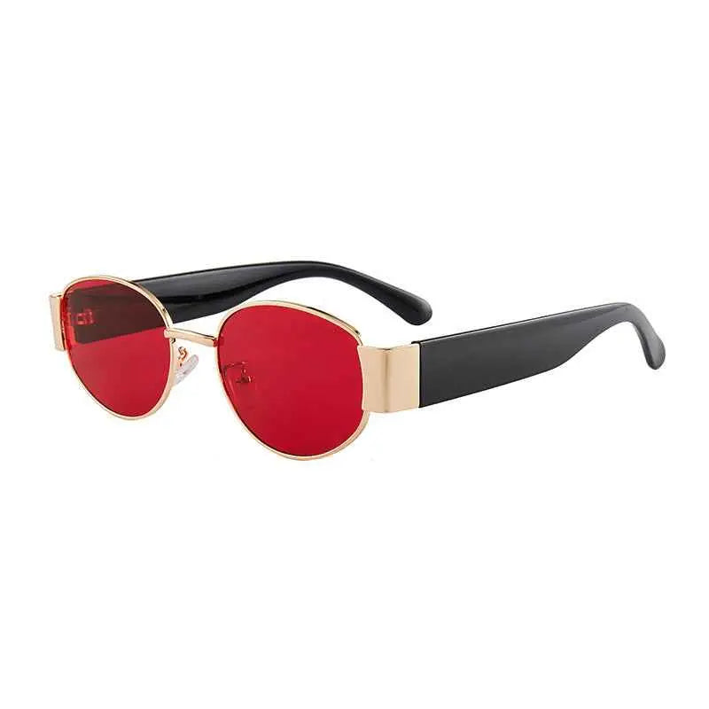 Red-tinted oval retro round designer sunglasses with gold metal frame and black plastic temples from trend den Red