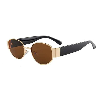 Retro round designer sunglasses with gold rims, black temple arms, and brown lenses from trend den Tea slices