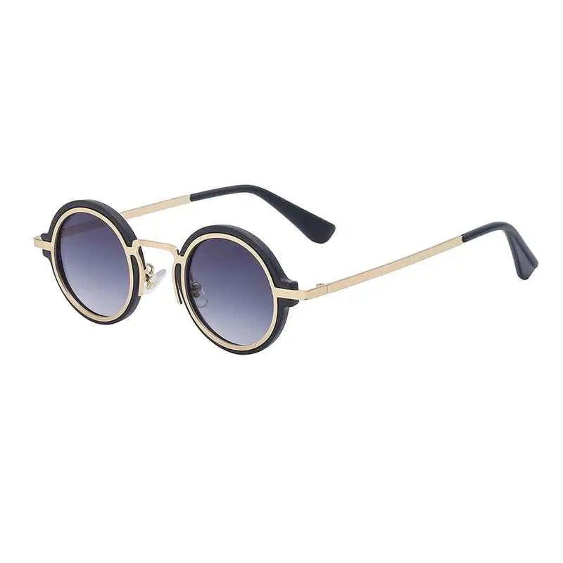 Retro round-rim sunglasses with gold-tone metal frame black plastic temples and gradient blue lenses for uv protection C2