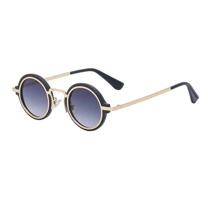 Retro round-rim sunglasses with gold-tone metal frame black plastic temples and gradient blue lenses for uv protection C2