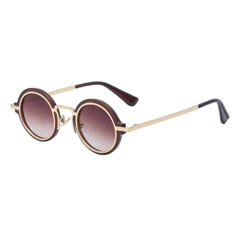 Retro round-rim sunglasses with gold metal frame, dark brown gradient lenses, and tortoiseshell temple tips from trend den C3