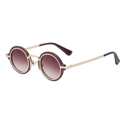 Retro round-rim sunglasses with gold metal frame, dark brown gradient lenses, and tortoiseshell temple tips from trend den C3